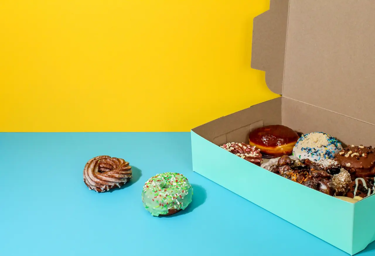 Box of colorful donuts